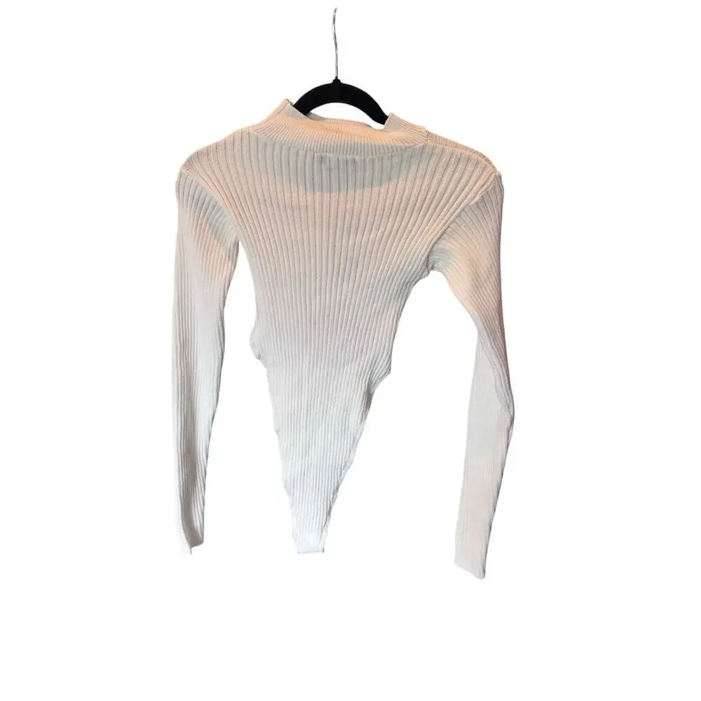 PrettyLittleThing Cream Soft Rib Knit Cut-Out Bodysuit Long Sleeve Size M  NWT